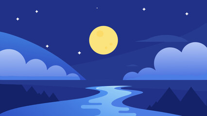 Bright Moon Over River on Foggy Night Sky