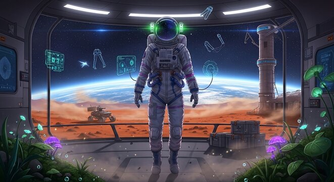 Martian Astronaut Contemplates Red Planet Vista from Space Station Observatory