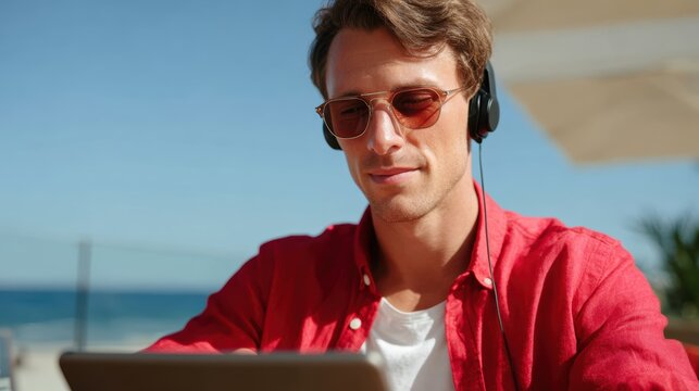 Digital nomad working on a tablet at a sunny outdoor cafe overlooking the ocean with headphones on