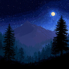 a forest in a starry night with moon