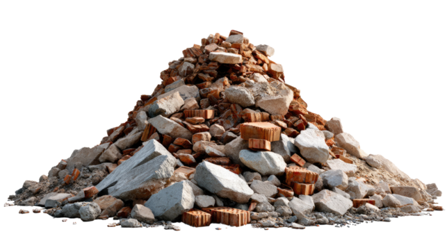 Pile of Construction Debris: A mound of broken bricks, concrete, and rubble, representing the aftermath of demolition and the raw materials of rebuilding.