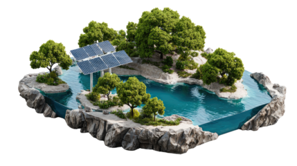Island Ecosystem with Solar Power: A miniature island ecosystem showcases a tranquil oasis where solar panels and nature unite to represent sustainability, clean energy, and eco-conscious living.