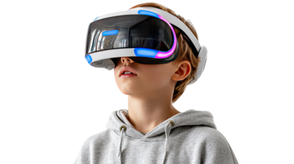 Immersive Technology: A young individual dons a cutting-edge VR headset, stepping into a world of digital possibilities. The close-up shot highlights the blend of reality and virtuality.