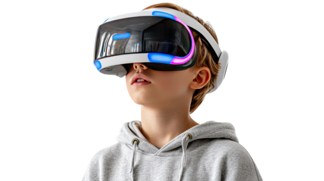 Immersive Technology: A young individual dons a cutting-edge VR headset, stepping into a world of digital possibilities. The close-up shot highlights the blend of reality and virtuality.