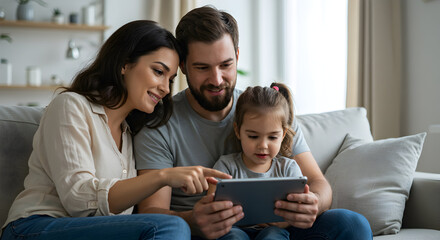 Happy family of three enjoys quality time together using a tablet, strengthening bonds and creating lasting memories at home.