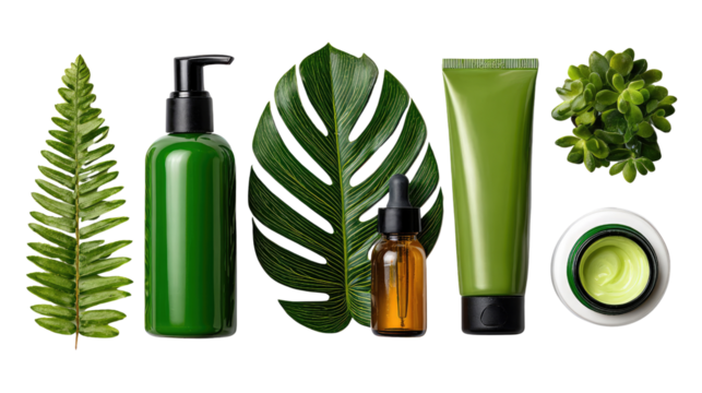 Green beauty products: A harmonious arrangement of green cosmetic bottles, leaves, and a cream jar, embodying the essence of natural beauty and eco-conscious skincare. 
