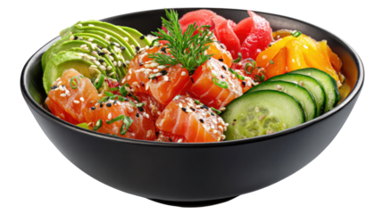 A Vibrant Poke Bowl: An appetizing poke bowl, artistically arranged with fresh salmon, ripe avocado, and a medley of other vibrant ingredients, presented in an inviting, close-up shot