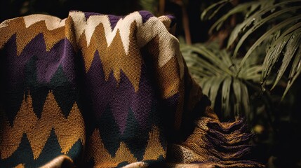 Belize Independence Day: Vibrant Mayan-Inspired Textile Close-Up, Bold Colors on Textured Surface, Warm Ambient Light Highlighting Rich Tones with Blurred Jungle Backdrop