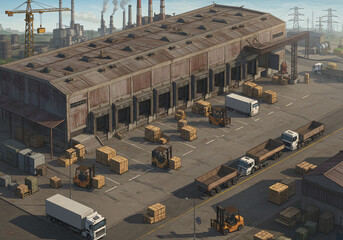 Industrial Warehouse Scene: Forklifts Trucks and Factory in Isometric Perspective.