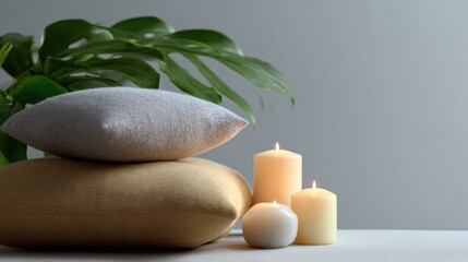 Minimalist space with cushions and candles designed for stress relief and meditation