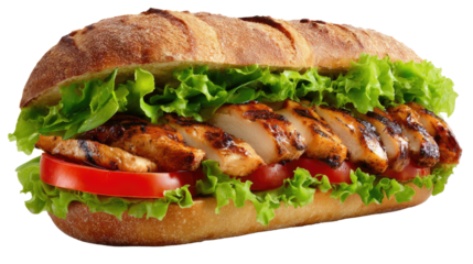 Grilled Chicken Sandwich Delight: A mouthwatering shot of a freshly prepared sandwich featuring succulent grilled chicken slices, crisp lettuce, and juicy tomato slices.