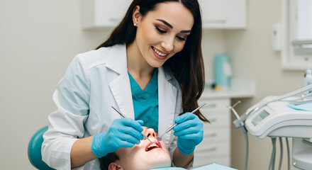 Confident female dentist providing gentle and thorough dental care to a young patient, ensuring a positive and comfortable experience for optimal oral health.