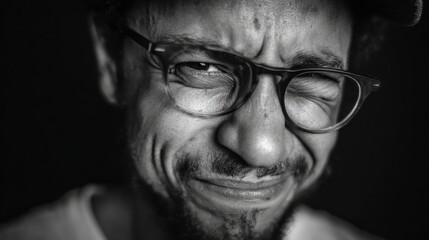 Close-up portrait of a man wearing eyeglasses squinting intensely with a humorous expression on his face shot in dramatic black and white style for editorial or expressive content use