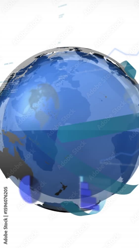 Aufkleber animation of multiple rotating globes, computer language and graphs over white background