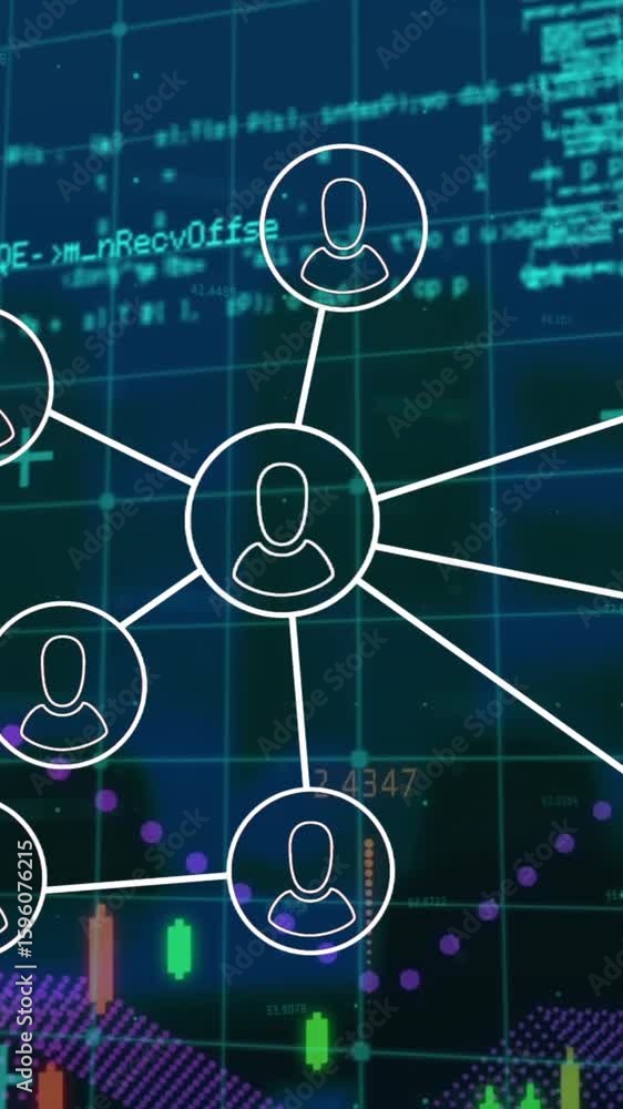 Poster animation of icon flowchart, multiple graphs and computer language over abstract background