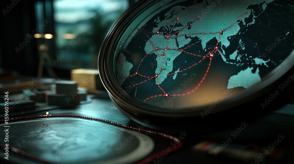 Poster global network visualization displayed on a digital globe with connected dots