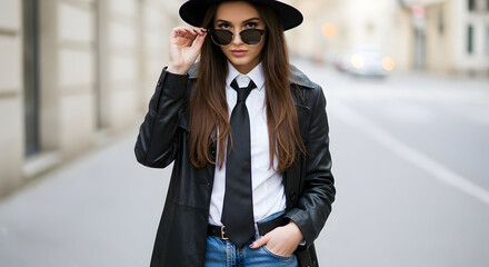 Stylish young woman in a black leather coat, white shirt, and black tie, posing confidently on a city street, exuding effortless cool and modern fashion.