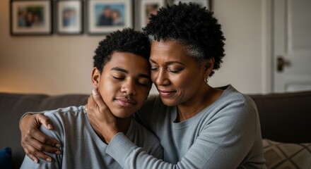 Obraz premium A heartfelt candid shot of a Black mother comforting her teenage son with a tender hug in their cozy living room. The blurred background of family photos adds to the intimate and loving atmosphere.