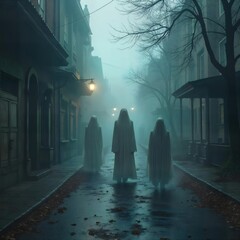 Eerie Halloween Ghosts Haunting Forest Under Full Moon with Jack-o'-Lanterns