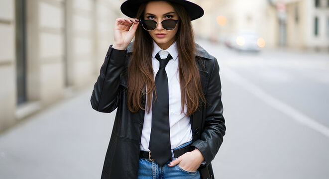 Stylish young woman in a black leather coat, white shirt, and black tie, posing confidently on a city street, exuding effortless cool and modern fashion.