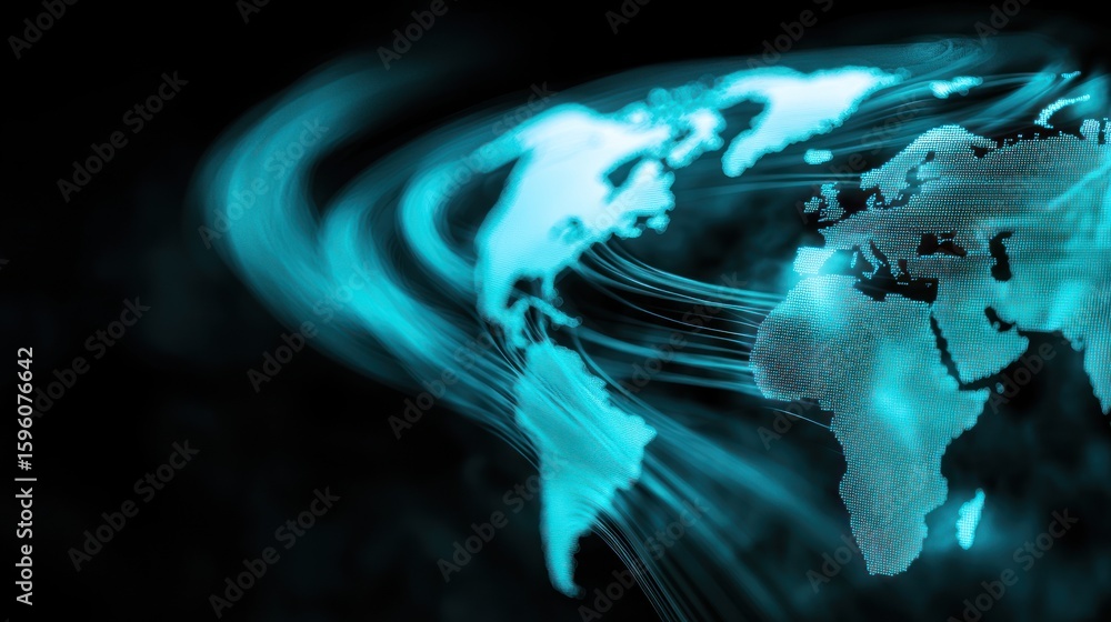 Poster global connectivity with a glowing map and network streams symbolizing communication