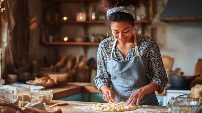 Young woman preparing homemade dough in rustic kitchen with warm lighting, natural wooden surfaces and cozy atmosphere — ideal for food blogs, traditional recipes and home lifestyle content