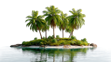 Paradise Island Oasis: A tropical island oasis boasts lush palm trees, vibrant vegetation, and tranquil turquoise water, invoking a sense of serenity and escapism.
