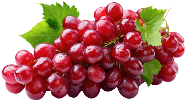 Ruby Red Grape Cluster: A vibrant cluster of ripe, juicy red grapes, showcasing their natural texture and the delicate green leaves, offering a mouthwatering view of freshness and natural flavors.