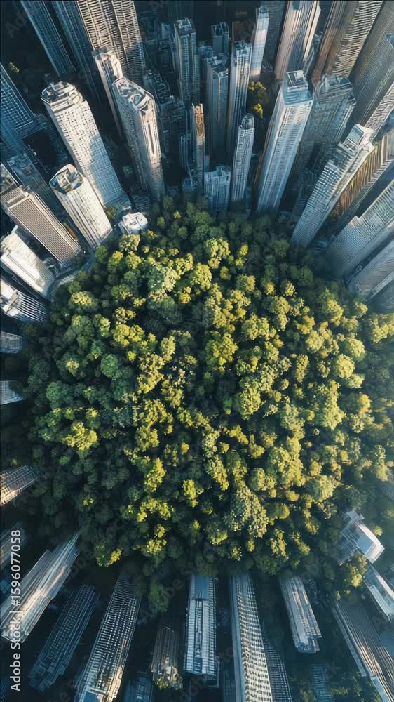 Poster depicting an urban environment juxtaposed with a large patch of greenery. this represents the balanc