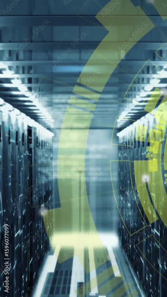 Poster animation of loading circles and computer language over bars on data server racks