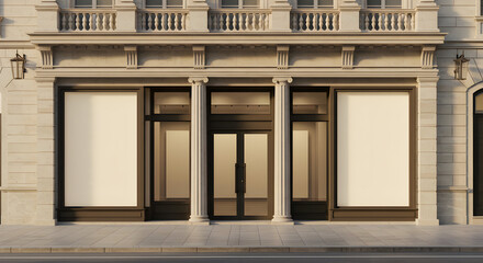 Luxury retail storefront mockup with elegant columns and large display windows ideal for showcasing your brand identity and attracting upscale clientele.