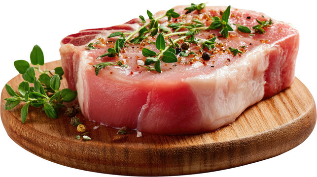 Appetizing Pork Chop with Herbs: A fresh, raw pork chop, meticulously seasoned and garnished with aromatic herbs, rests elegantly on a wooden cutting board. It is a visual feast!