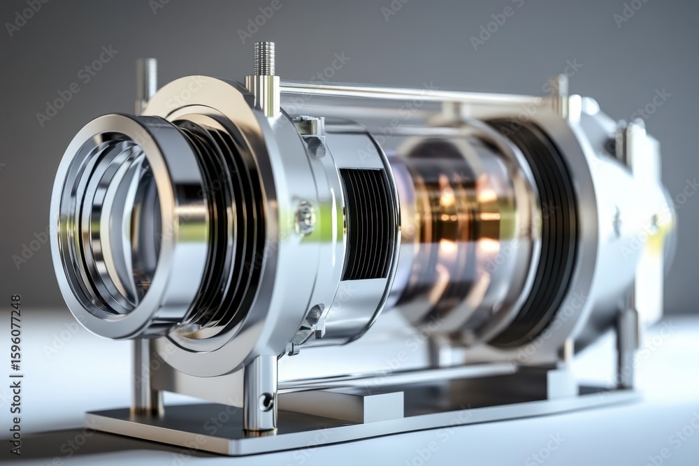 Poster modern lens design showcasing intricate components and engineering precision at studio setting