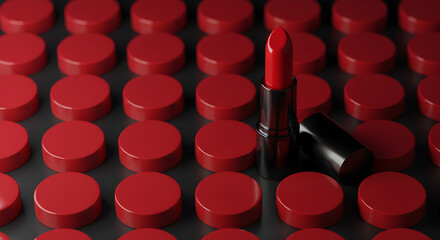 A single red lipstick stands out among many others, showcasing its vibrant color and luxurious texture, perfect for beauty and cosmetic advertising.