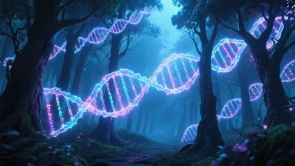 Glowing DNA Strands Winding Through a Mystical Forest