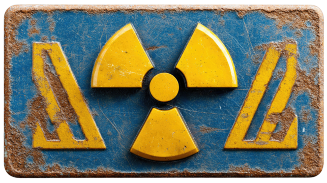 Radioactive hazard icon: A striking symbol of radiological risk, the iconic three-bladed symbol on a weathered warning sign, conveying danger and caution with its stark colors and worn texture.