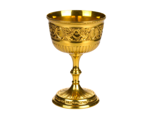 A shining golden goblet, isolated on white, perfect for themes of fantasy, royalty, and historical richness.