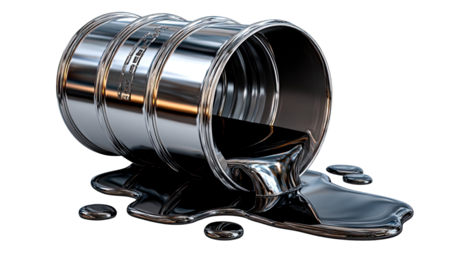 Spilled Oil Barrel: A close-up perspective of a metallic oil barrel tipping over, releasing black, viscous liquid onto the surface, signifying themes of energy resource concerns. 