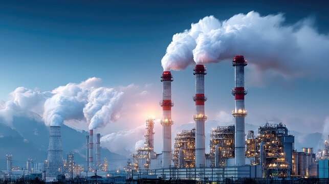 Smoke stacks from industrial plant rise into a clear sky, symbolizing energy production, emissions data analysis, and the role of clean transition technology in modern industry.