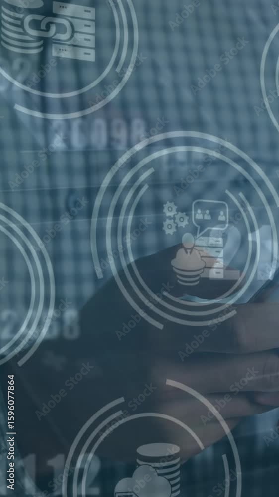 Poster animation of changing numbers, multiple icons, midsection of caucasian man using smartphone