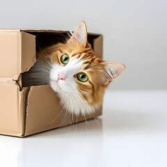 A curious ginger and white cat peeks out from inside a cardboard box, looking up.