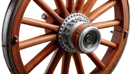 Vintage Wagon Wheel: A close-up of a meticulously crafted vintage wagon wheel, its wooden spokes radiating from a central hub.