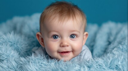 Portrait of adorable baby with blue eyes smiling while laying on fluffy pastel blue blanket perfect for parenting blogs, baby care product ads and emotional lifestyle visuals