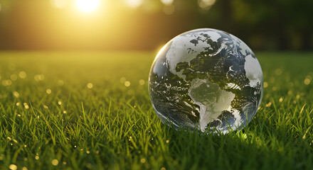 A crystal globe representing our planet Earth rests gently on a vibrant green field, bathed in the warm glow of a setting sun, symbolizing environmental care and global sustainability.