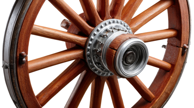 Vintage Wagon Wheel: A close-up of a meticulously crafted vintage wagon wheel, its wooden spokes radiating from a central hub.