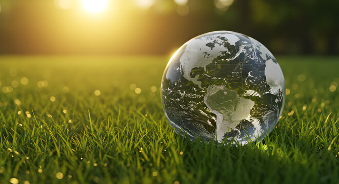A crystal globe representing our planet Earth rests gently on a vibrant green field, bathed in the warm glow of a setting sun, symbolizing environmental care and global sustainability.