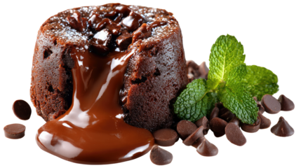 Decadent Chocolate Delight: A close-up shot of a warm, molten chocolate lava cake oozing with rich, dark chocolate, garnished with fresh mint and chocolate chips.