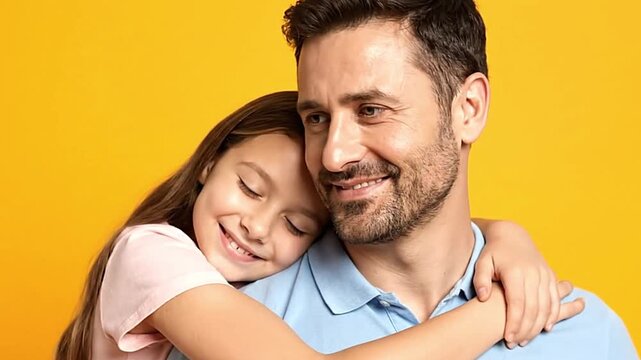 A father and daughter smiling with eyes closed embracing against a solid yellow background