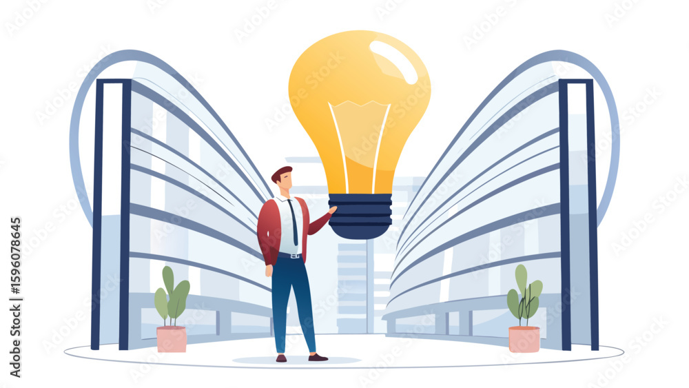Aufkleber man presenting a lightbulb in front of modern buildings symbolizing innovation and new ideas in busi