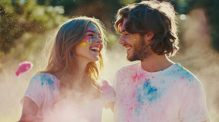 Portrait of young couple enjoying Holi festival